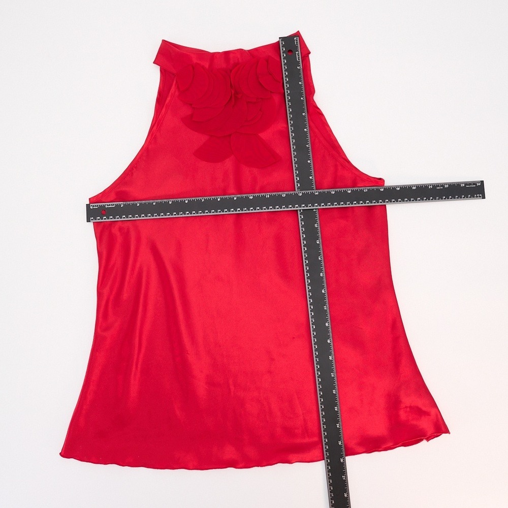 B. Wear Red Satin Halter Blouse Layered Petal Detail Bow Back - Picture 5 of 5